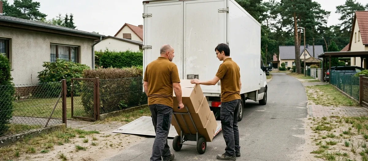Möbelwagen mit geöffneter Ladebordwand vor einem eingeschossigen Einzelhaus an einer Wohnstraße in Petershagen/Eggersdorf, zwei Umzugskräfte schieben eine Sackkarre mit Kartons