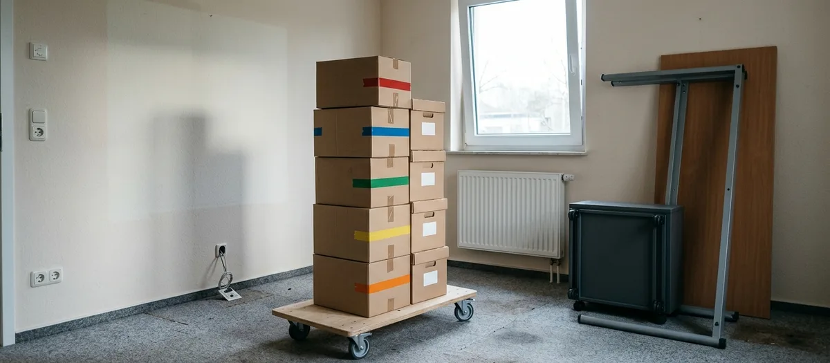 Farbig gekennzeichnete Aktenkartons stapeln sich auf einem Transportroller in einem geräumten Büroraum, daneben ein zerlegter Schreibtisch und ein zusammengeklappter Rollcontainer