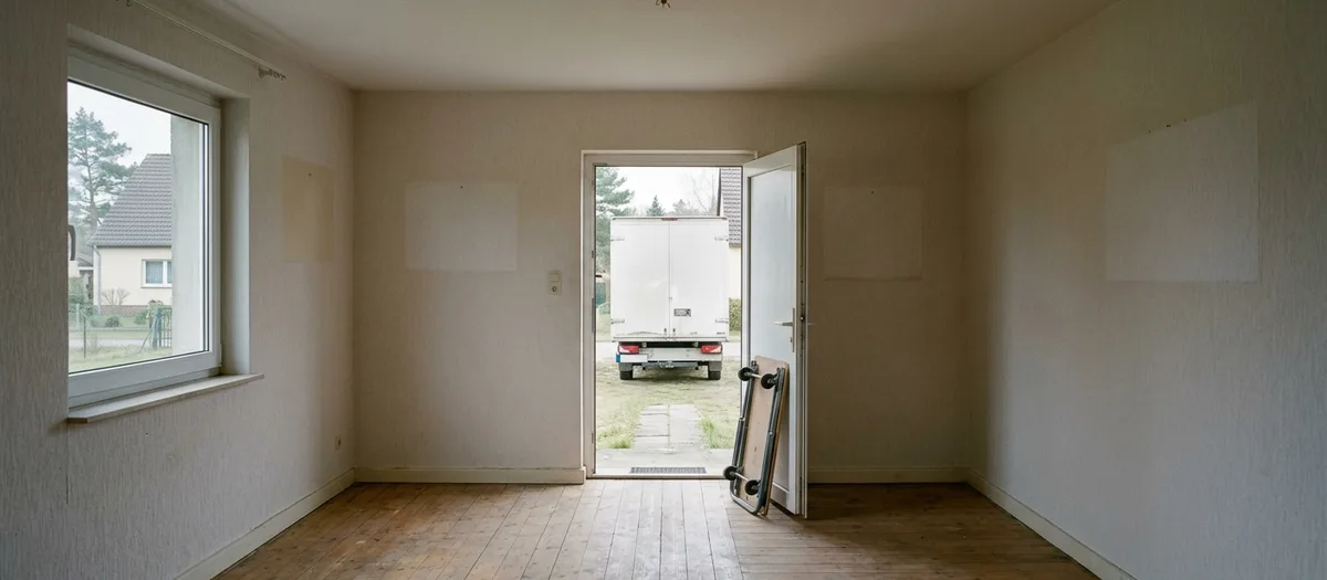 Eine vollständig geräumte Wohnung mit gefegtem Dielenboden, an der offenen Tür lehnt ein zusammengelegter Transportroller, draußen wartet ein beladener Umzugswagen