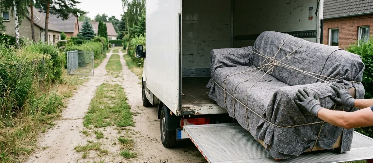 Ein in Decken gewickeltes Sofa wird über eine Ladebordwand in einen Transporter geschoben, davor eine unbefestigte Zufahrt zwischen Hecken