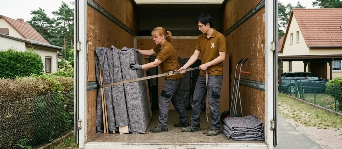 Zwei Umzugskräfte in Arbeitskleidung sichern gepolsterte Möbelteile mit Spanngurten im Laderaum eines Möbelwagens, daneben liegen Sackkarre und Möbeldecken