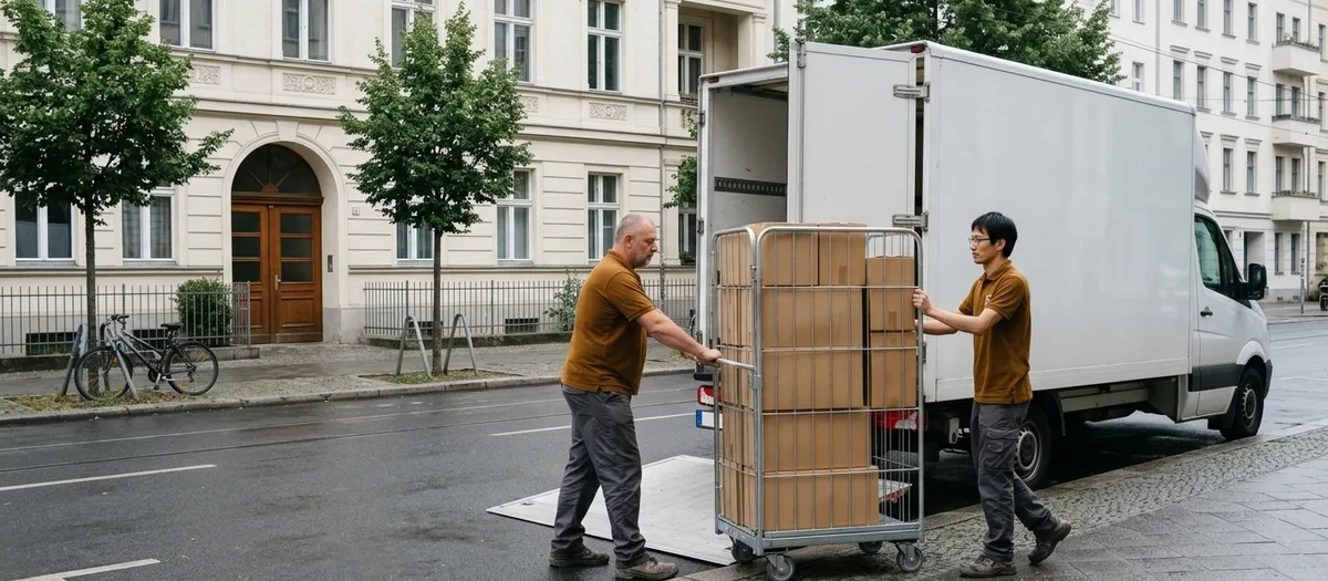 Ein Möbelwagen mit offener Ladebordwand steht vor einem mehrgeschossigen Wohnhaus in der Stadt, zwei Umzugskräfte schieben eine Rollbox über den Gehweg zum Hauseingang