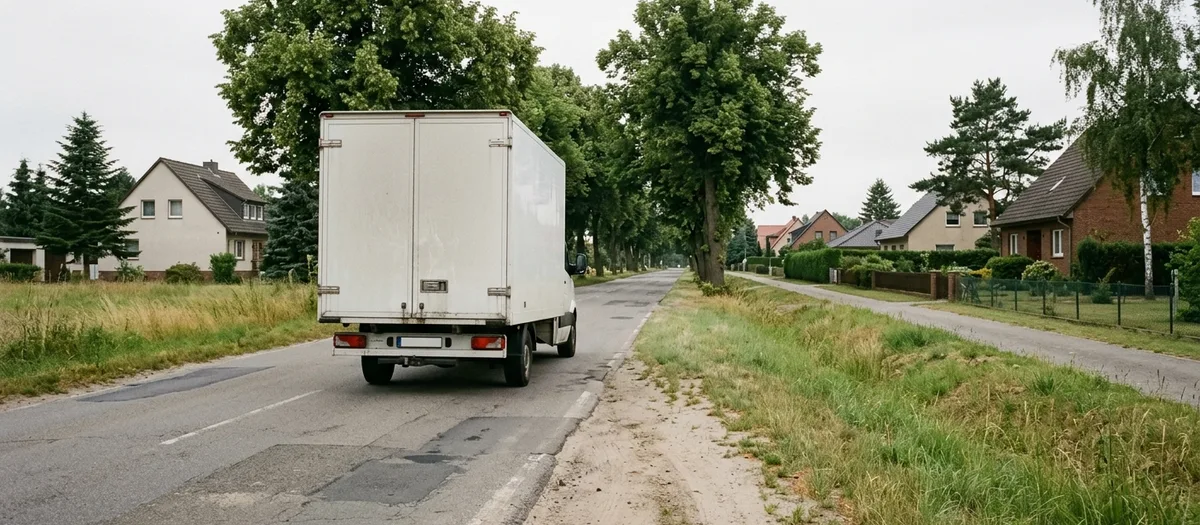Möbelwagen auf einer von Bäumen gesäumten Landstraße im Landkreis Märkisch-Oderland, im Hintergrund ein Ortseingang mit Wohnhäusern