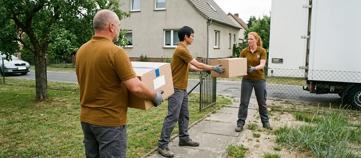 Drei Umzugshelfer in Arbeitskleidung reichen sich Umzugskartons in einer Kette vom Hauseingang zur geöffneten Hecktür eines Transporters
