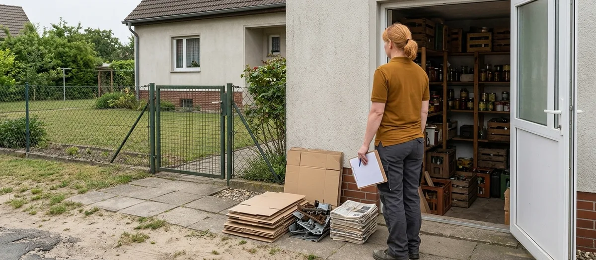 Eine Person notiert auf einem Klemmbrett den Inhalt eines geöffneten Abstellraums mit vollen Regalen, daneben stehen bereits sortierte Stapel aus Kartons, Metallteilen und Altpapier