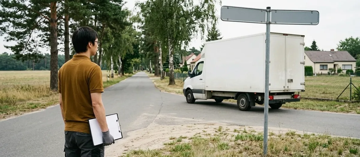 Ein Möbelwagen steht auf einer Landstraße an einer Kreuzung mit Wegweiser, dahinter Alleebäume und die ersten Häuser des Nachbarortsteils, im Vordergrund eine Umzugskraft mit Klemmbrett